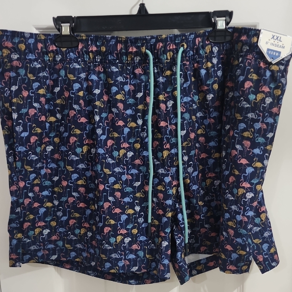 NWT ROWM  5 Inch Inseam Swim Shorts Trunks Blue Flamingo Pockets Lined Size XXL‍
